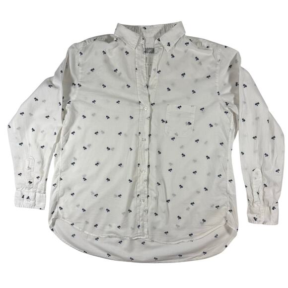 Grayson Women's 4 White Blue Palm Tree Cotton Long Sleeve Button Down Shirt - Picture 2 of 10